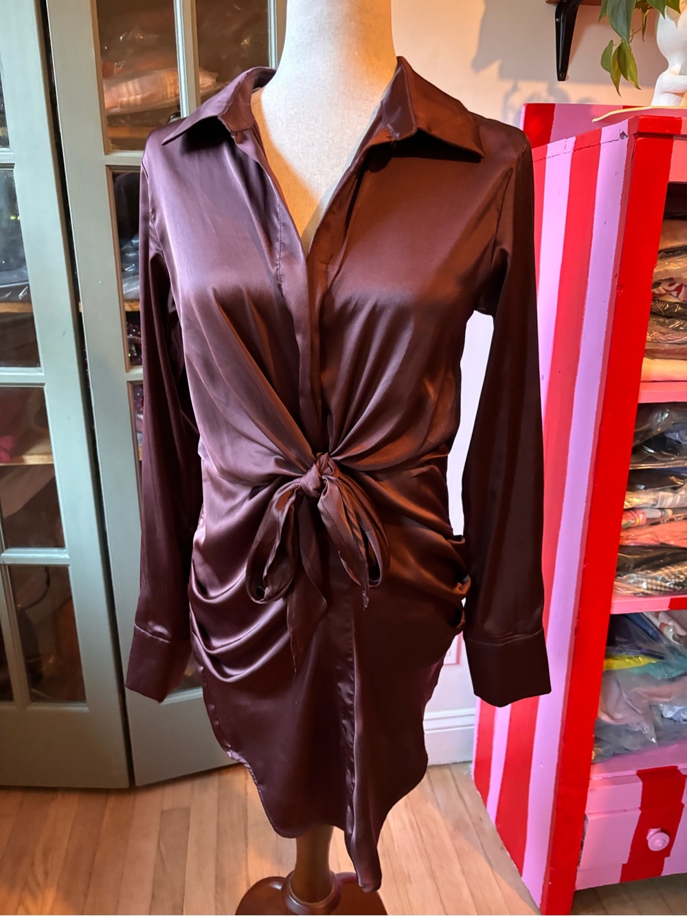 NWT Rivir Satin Shirt Dress Tie Front Ruched Mini Dress Chocolate Brown M